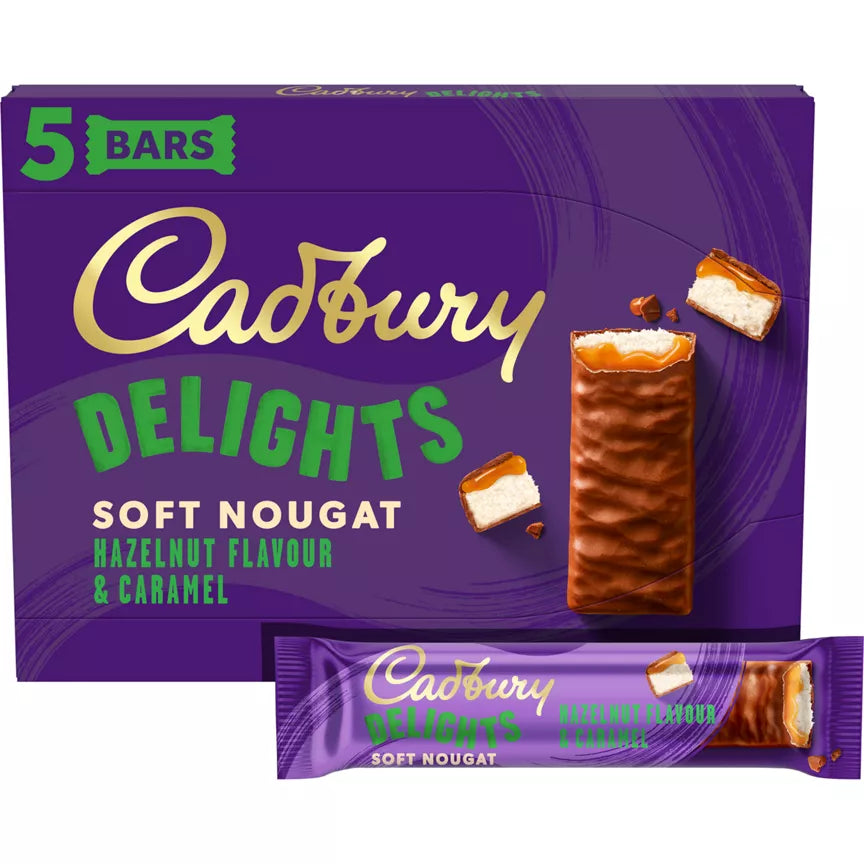 Cadbury Delights Soft Nougat Hazelnut & Caramel Chocolate Bars 5 Pack 110g